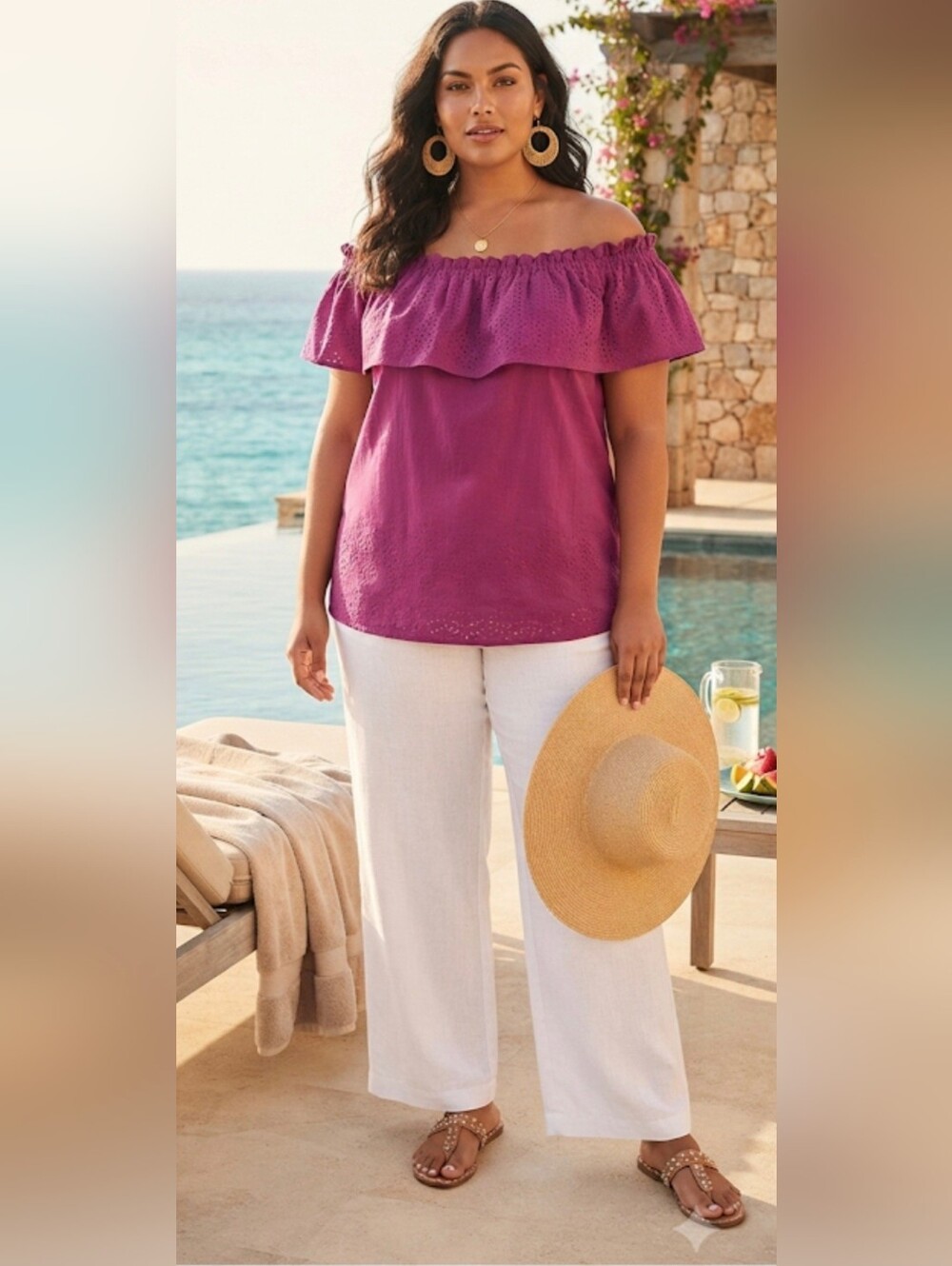 Lane Bryant Magenta Eyelet Off-Shoulder Ruffle Top Size 14/16 Boho Summer EUC